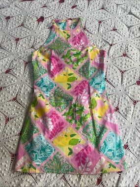 Vintage Lilly Pulitzer Pink, Yellow, Green & Aqua Halter Mini Dress Small